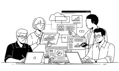Creative Illustration Depicting a Group of Diverse People Collaborating Around a Table, Representing Teamwork and Innovation in a Modern Work Environment