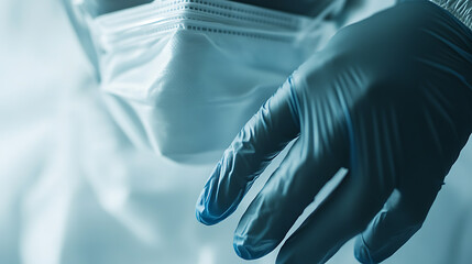Close-up of a Hand in Blue Latex Glove Holding a Surgical Mask