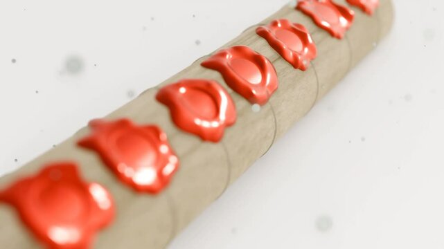 A 3D animation of a rolled parchment scroll sealed with seven bright red wax seals. These seven seals are part of a larger series of judgments described in the Book of Revelation.