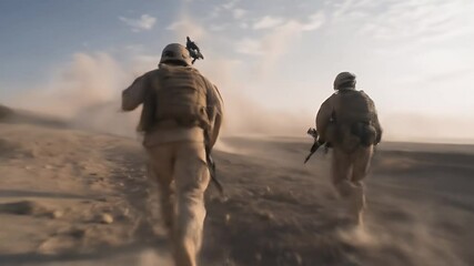 Armed Soldiers Running in Desert Landscape During War with Brown Uniforms Explosion and Tactical Gear on Bright Day