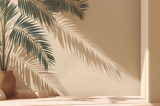 Fototapeta Abstract background with shadows from palm leaves on a beige wall, an empty room for product presentation in summertime.