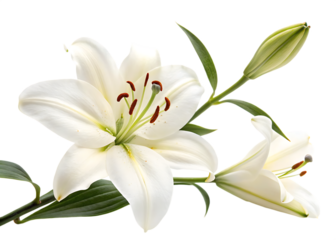 pure-white-lily with leave isolated on white background, png, ai generated