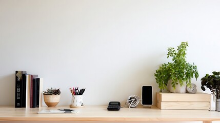 A simple workspace with books, plants, and stationery.