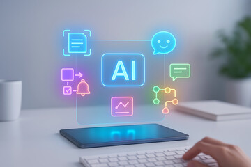 Tablet on desk showing floating AI icons related to tech innovation, communication, and media