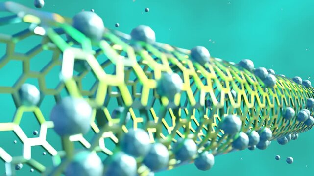 3d animation of Carbon nanotubes (CNT) as carriers for drug delivery. Drug molecules conjugated on carbon nanotube's body 