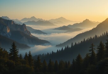 Obraz premium Serene early morning mountain landscape with mist filling the forested valleys under soft golden sunlight