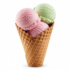Three vibrant scoops of ice cream in a waffle cone feature strawberry, mint, and vanilla flavors. The treat is perfect for a warm summer afternoon.