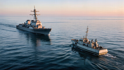 Modern naval destroyer and patrol ship navigating calm seas during sunset. Coordinated maritime defense operation with military vessels at sea.