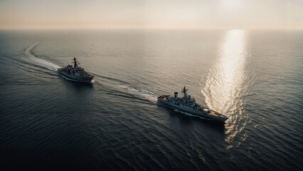 Two military warships navigating ocean waters during golden hour. Aerial view of naval vessels in formation reflecting maritime defense and strategic coordination.