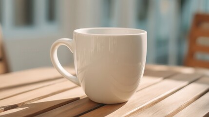 Obraz premium Empty white mug on a wooden table.