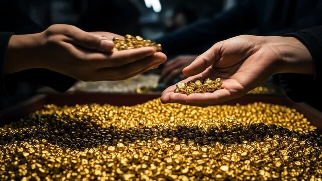 Hands Holding Gold Nuggets Over Pile