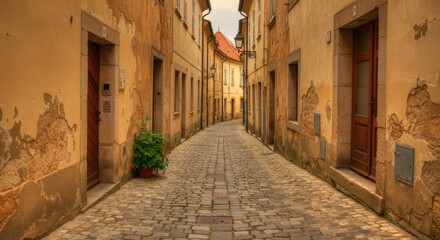 Fototapeta premium Charming Cobblestone Alleyway in Historic European Town Weathered Buildings Old World Architecture