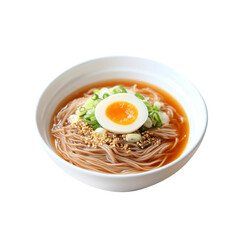 Delicious Bowl of Soba Noodles with Soft Boiled Egg and Spring Onions