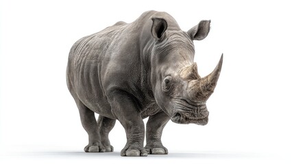 Obraz premium A rhinoceros, full body shot, against a white background. Powerful and majestic