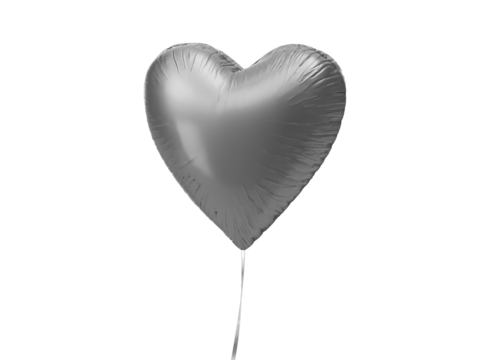A shiny silver heart-shaped balloon floating on a thin string, symbolizing love and celebration.