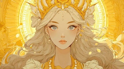 Golden-haired woman, radiant and serene, adorned in a golden crown and pearls, bathed in sunlight