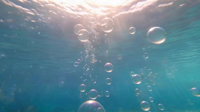 Underwater view of bubbles rising towards the sunlight on sea surface hd video , 4k video , mp4 video , mov