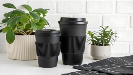 Black Reusable Coffee Cups with Indoor Plants on Tiled Backdrop and Striped Cloth Accent