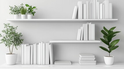 Clean white shelves hold books and potted plants against a white wall. Use for blog posts, websites, or promotional materials for home decor.