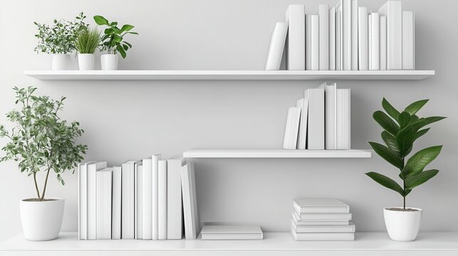 Clean white shelves hold books and potted plants against a white wall. Use for blog posts, websites, or promotional materials for home decor.