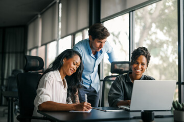 Group of busy happy diverse professional business team people working in office using digital tablet