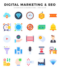 Collection of DIGITAL MARKETING & SEO 25 Flat Icons Pack.
