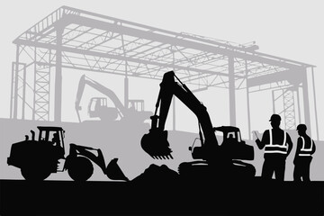 dynamic silhouette of construction equipment and workers on a building framework vector