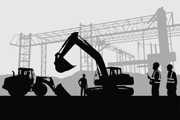 modern construction silhouette with industrial machinery and project design elements vector