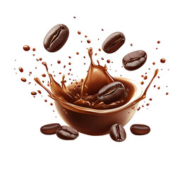 Fototapeta premium Coffee beans splashing into a bowl of coffee creating a delicious drink