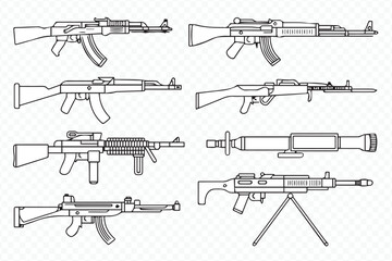 vector line art of various rifles and firearms for military and weapon design projects