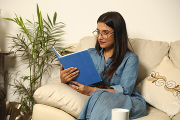 Pretty Young woman sitting on cozy couch sofa and relaxing in her living room reading book in...