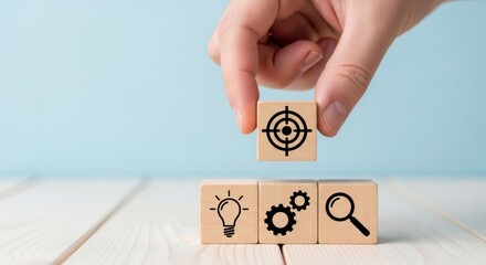 Achieving goals setting strategy and planning with target and wooden blocks concept