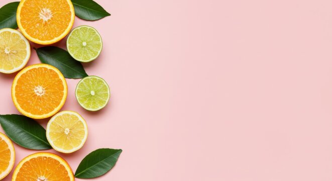 Fresh Citrus Fruits Slices with Green Leaves on Pink