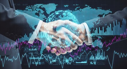 Global business handshake partnership agreement and financial market stock graph