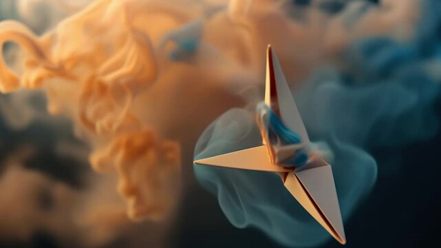 Burning incense stick with smoke and origami paper crane 4k Abstract background video