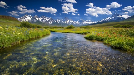 Obraz premium Serene autumn landscape with a river winding through mountains, reflecting the beautiful sky and trees