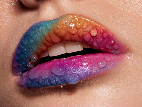 Macro closeup of rainbow ombre lips with crystal droplets, high-definition texture showcasing artistic makeup symbolism for beauty campaigns, pride events or avant-garde editorial concepts