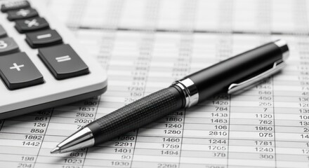 Accounting and finance concept with calculator pen and financial data sheet