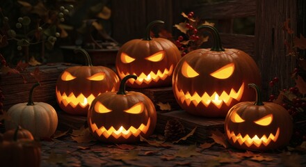 Fototapeta premium Spooky Halloween Jack o lanterns Glowing on Rustic Wooden Steps with Autumn Leaves
