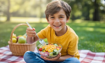 Boy Eating Salad in Park