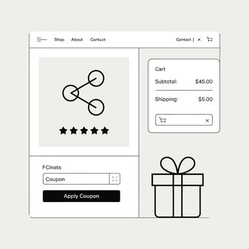 Online Shopping Checkout Interface Design Showing Cart Subtotal Shipping Costs Coupon Application and Five Star Product Review with Gift Icon