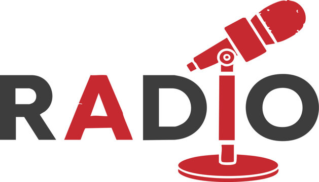 Word 'RADIO' in gray and red with microphone graphic communicates broadcasting concept with simple shapes on a white background ideal for audio and media-related marketing.