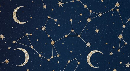 Naklejka premium Celestial Tapestry: Golden Constellations and Crescent Moons Adorn a Midnight Blue Sky
