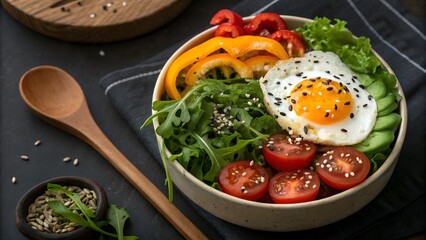 Colorful Power Bowl with Fried Egg, Fresh Veggies, and Mixed Seeds on Dark Rustic Surface