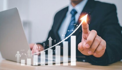 Executive utilizing digital interface showcasing upward financial trends and team growth