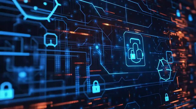 Digital Security Network with Padlock Icons and Circuit Board Design with ai generated