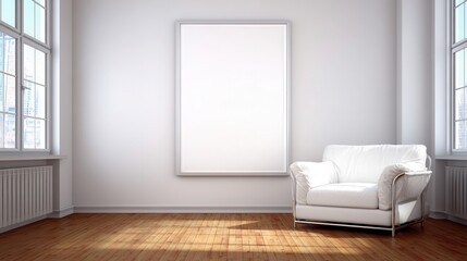Empty room with a white armchair and a large blank picture frame.