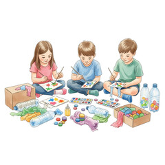 Fototapeta premium Children Painting Recycled Materials, Promoting Eco-Friendly Art, Sustainability, and Creative Environmental Education