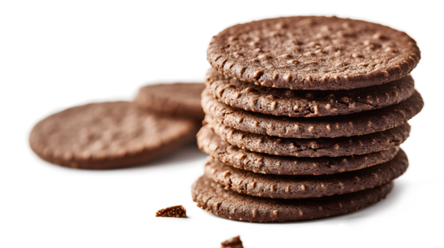 A stack of chocolate cookies on a white background