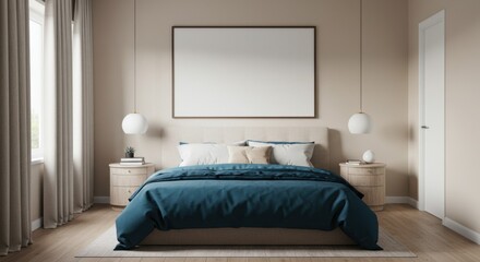 Elegant bedroom featuring a beige palette, blue bedding, and stylish pendant lights with a blank frame.